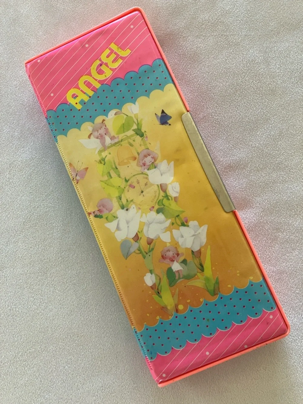 Vintage Japan Flomo Angel Floral Pink & Yellow Pencil Case